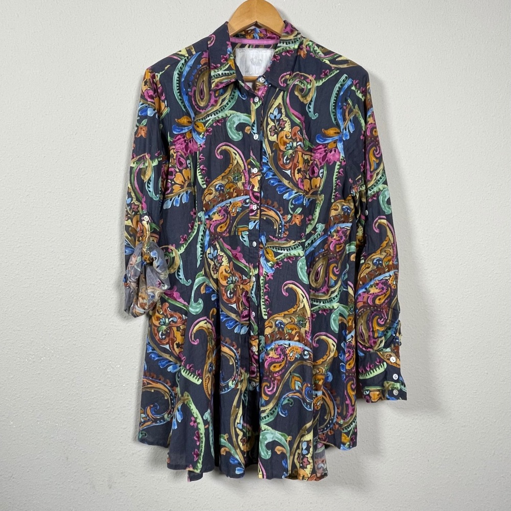 Cino Paisley Button Up Dress Tunic Womens XL Multi Cotton Roll Tab Boho Artsy